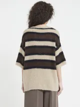 Sweater de tejido de punto grueso y peludo, con diseño de rayas horizontales anchas en tonos marrón oscuro, marrón medio y beige claro. Presenta un escote pronunciado en V y mangas cortas tipo murciélago.