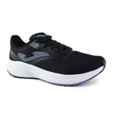 Championes deportivos Joma Rodio Lady 2401, color negro con detalles en violeta y celeste. Capellada de jacquard ligero y transpirable con perforaciones VTS para ventilación. Refuerzos sintéticos termosellados con tecnología Joma Sportech. Entresuela de phylon y suela de caucho Durabilidad. Horma especial para mujer.