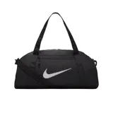 Bolso deportivo tipo duffel bag color negro, con asas de mano y correa ajustable para hombro. Presenta un gran logo Nike Swoosh en blanco con efecto de líneas horizontales en el frente, y un bolsillo exterior con cierre.