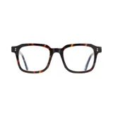 Lentes de eco acetato color carey, con forma cuadrada y patillas con detalle de doble punto.