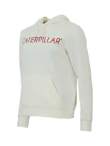 Buzo con capucha color salmón, con logo de Caterpillar estampado en blanco en el pecho y bolsillo tipo canguro.