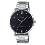Reloj Casio con caja de acero plateado y esfera negra.