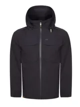 Campera cortaviento negra con capucha desmontable, cierre frontal con broches imantados, cuatro bolsillos frontales con solapa y ajuste en el ruedo.