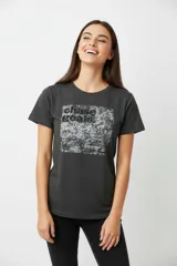 Remera gris con estampado frontal con la frase "chase goals" dentro de un recuadro con efecto de textura.