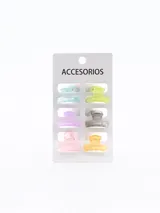 Pack de seis pinzas pequeñas para el pelo, de plástico transparente en colores celeste, verde, gris, naranja, lila y rosa.
