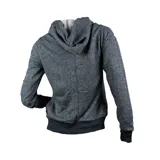 Campera con capucha de tejido texturizado gris con lurex, cierre frontal y bolsillos laterales.