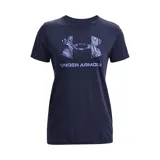 Remera blanca de mujer Under Armour de manga corta con logo estampado en el frente en tonos celeste y azul.