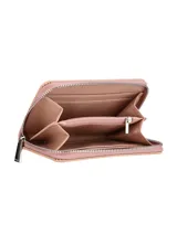 Monedero pequeño color dorado rosado, con cierre de cremallera y logo metálico de la marca Terrano en el frente.
