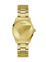 Reloj Guess dorado con pulsera de acero y esfera dorada con diseño triangular.