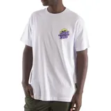 Remera blanca de manga corta con estampado en la espalda de una pirámide con un ojo, manos y un ovni.