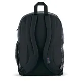 Mochila Jansport Cool Student con diseño a rayas horizontales en tonos grises y negros. Cuenta con dos compartimentos principales, funda para laptop de 15 pulgadas, bolsillo lateral para botella, panel trasero acolchado y correas ergonómicas.