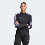 Buzo deportivo Adidas Tiro 23 para mujer, color negro con detalles en violeta y cierre corto en el cuello.