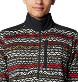 Buzo polar Columbia con cuello alto y cierre de media cremallera. Diseño con estampado geométrico en tonos grises y bolsillo con cremallera en el pecho.