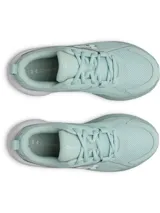 Zapatillas de running Under Armour modelo Assert 11 para mujer, color verde menta pálido con logo y entresuela blanca. Presentan una parte superior de malla transpirable con revestimientos de cuero y amortiguación Charged+®.