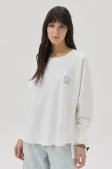 Sweater de algodón blanco, de corte holgado, con bordado decorativo al frente y en la espalda con motivos marinos y texto en italiano.