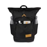 Mochila Jansport Hatchet Rolltop negra con detalles en marrón.