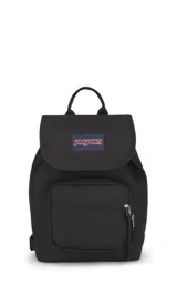 Mochila mini de poliéster color negro con logo JanSport en el frente, asa de mano y bolsillo frontal con cierre.