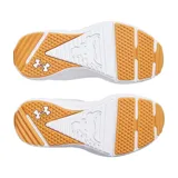 Championes de entrenamiento Under Armour Project Rock BSR 5 para mujer, color blanco con detalles en marrón claro en la suela. Diseñados para movimientos explosivos y entrenamiento dinámico, con estabilidad para entrenamiento de fuerza, flexibilidad para HIIT y amortiguación para movilidad.