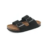Sandalias negras con doble tira y hebillas ajustables, plantilla anatómica de corcho y suela de goma. Estilo clásico y cómodo para uso diario.