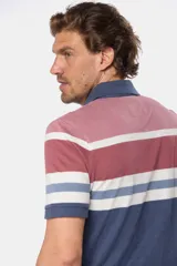 Remera polo a rayas horizontales en tonos bordó, blanco y azul. Con botones personalizados y logo bordado en el pecho.