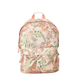 Mochila Rip Curl Dome de 18 litros con estampado de hojas y flores en tonos rosa, verde y marrón. Tiene un bolsillo frontal, correas ajustables y asa superior de color rosa.