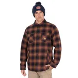 Camisa tipo chaqueta de franela a cuadros marrones y negros, con forro interior de tafeta. Tiene dos bolsillos con tapa en el pecho y dos bolsillos laterales.