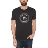 Remera negra de manga corta con logo de pingüino dentro de un círculo blanco.