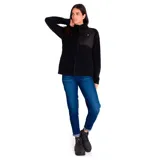 Campera polar de mujer Caterpillar, color negro con detalles en lila. Cuenta con cierre frontal, bolsillo en el pecho con cierre y bolsillos laterales.