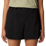 Short de mujer negro, de corte recto y largo medio, con cintura elástica ajustable con cordón y múltiples bolsillos, incluyendo bolsillos cargo laterales y bolsillo de seguridad con cierre.