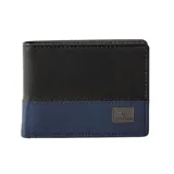 Billetera plegable de hombre Rip Curl, con diseño bicolor en negro y azul marino. Presenta un parche metálico con el logo de Rip Curl en la parte inferior derecha.