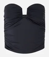 Blusa cropped corsetada negra, con escote sin breteles y recorte en V en el busto.