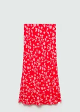 Falda larga roja con estampado floral rosa, de corte recto y cintura elástica.
