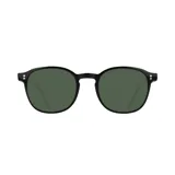 Lentes de sol redondos con montura de acetato negro y lentes verdes.