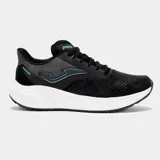 Championes de running Joma modelo Rodio, color negro con detalles en azul celeste. Presentan una capellada de malla transpirable y una suela gruesa de espuma blanca.