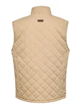 Chaleco acolchado color beige con patrón de rombos, cuello alto y cierre frontal con cremallera.