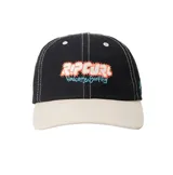 Gorra negra con visera beige, logo de Rip Curl bordado en el frente y cierre ajustable en la parte posterior.