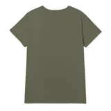 Remera blanca de mujer, con cuello en V y logo de Caterpillar estampado en el pecho.