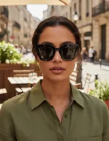 Lentes de sol cat-eye negros con lentes cuadradas color verde oscuro.