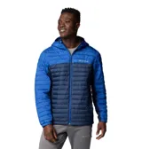 Campera Columbia con capucha, color verde oliva en la parte superior y gris claro en la parte inferior. Cuenta con cierre frontal, bolsillos laterales con cierre y logo de la marca en el pecho.