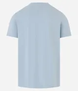 Remera celeste de algodón con cuello redondo, mangas cortas y estampa con texto en el pecho.