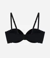 Soutien negro liso, modelo top sin tirantes, con relleno y detalle de puntilla en el borde superior.