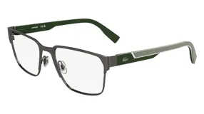 Armazón para lentes Lacoste modelo 2306/55, color gris plomo con detalles en verde. Diseño rectangular con patillas verdes y logo de la marca en el lateral.