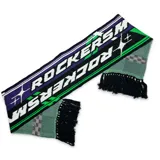 Bufanda tejida con diseño jacquard en verde, negro, blanco y violeta. Incluye un marcador solid mixeado para graff.