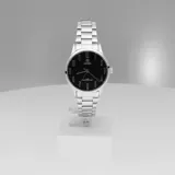 Reloj Marea modelo B4124202 para dama, con movimiento japonés de 3 agujas, caja de metal plateado de 32 mm de diámetro, esfera negra con números arábigos y brazalete de acero plateado. Resistente al agua hasta 5 ATM.