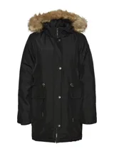 Parka negra con capucha con borde de piel sintética marrón, cierre frontal con cremallera y botones a presión, ajuste en la cintura y bolsillos delanteros.