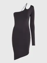 Vestido corto negro ajustado con hombro asimétrico, una manga larga y tirante con logo Tommy Jeans.