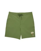 Short de baño verde oliva con cordón ajustable en la cintura y logo de la marca bordado en la pierna derecha.
