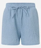 Bermuda color crema de poliéster y elastano, con cintura elástica con lazo y textura chambray.