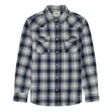 Camisa Wrangler de hombre, corte western, a cuadros en tonos azul, gris y blanco.