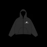 Hoodie negro con cierre, corte boxy y logo de la marca en el pecho.